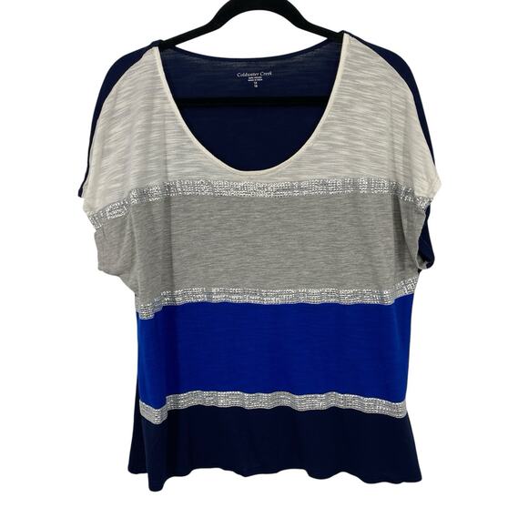 Coldwater Creek Sequin Striped Cap Sleeve Top Women size 1X Blue Gray Roundneck - Picture 3 of 9